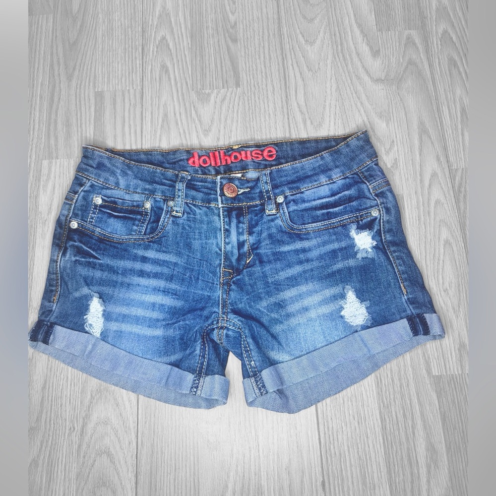 DOLLHOUSE Women’s Blue Distressed Denim Shorts - Picture 3 of 11